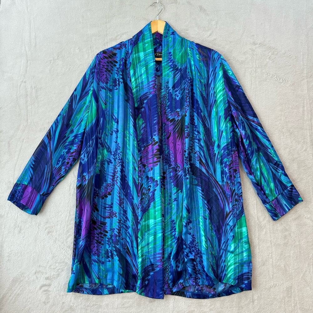 Vintage 80s Strona Women's L/XL Blue Multi Open Front Kimono Cardigan Jacket Top